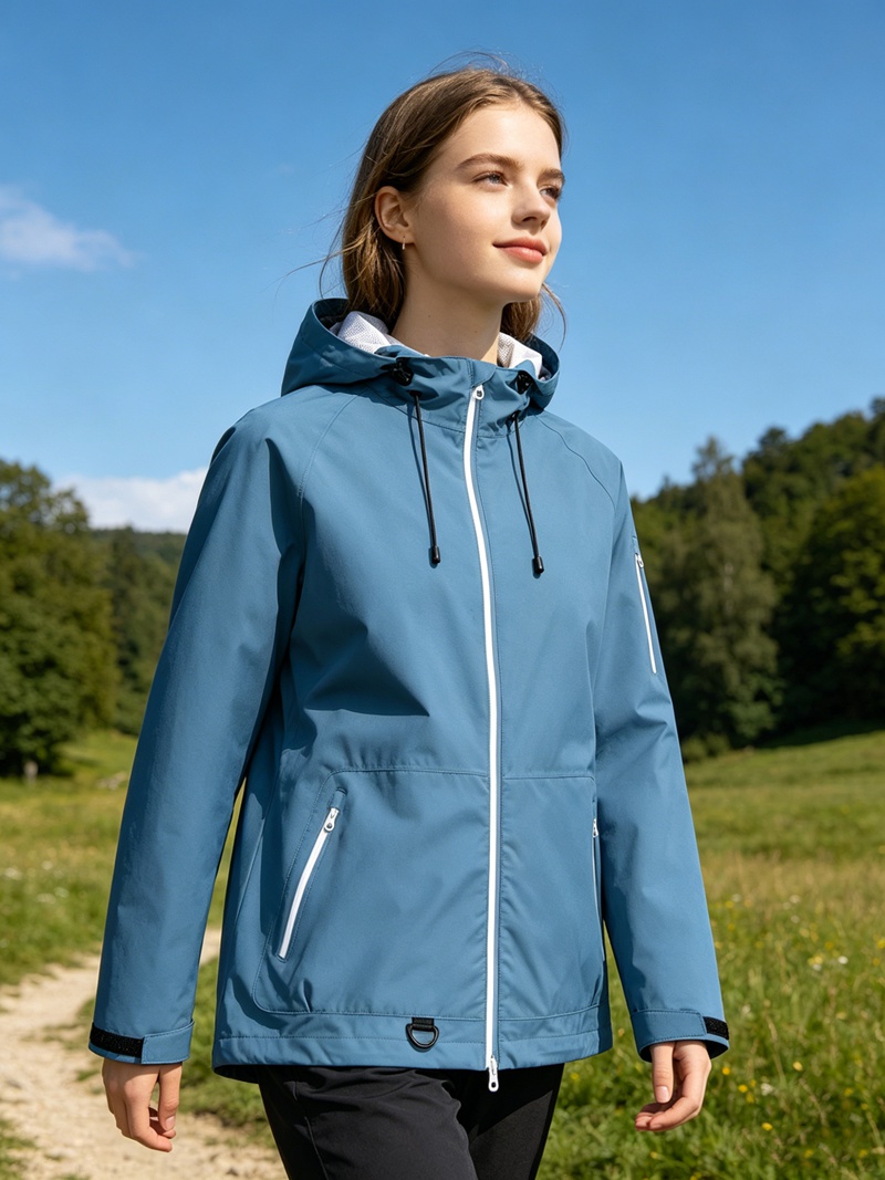 Women Lightweight Waterproof Jacket with Connected Hood Seam Taped Bicolor Zippers Windbreaker