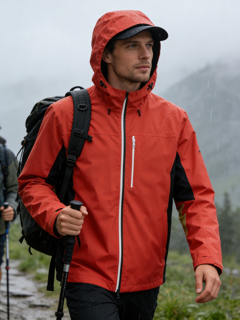 Men Lightweight Waterproof Jacket with Connected Hood Seam Taped Outdoor Hiking Clothing