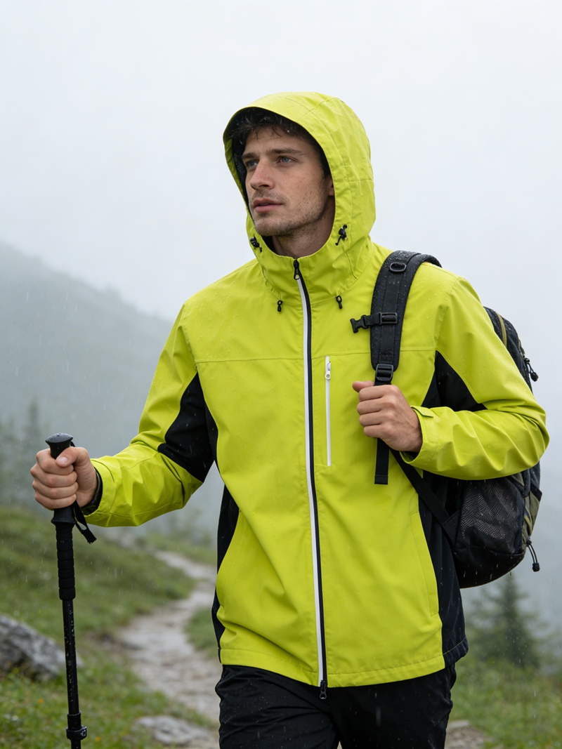 Men Lightweight Waterproof Jacket with Connected Hood Seam Taped Bicolor Zippers Windbreaker 