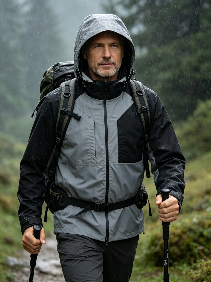 Men Lightweight Waterproof Jacket with Detachable Hood Seam Taped Outdoor Camping
