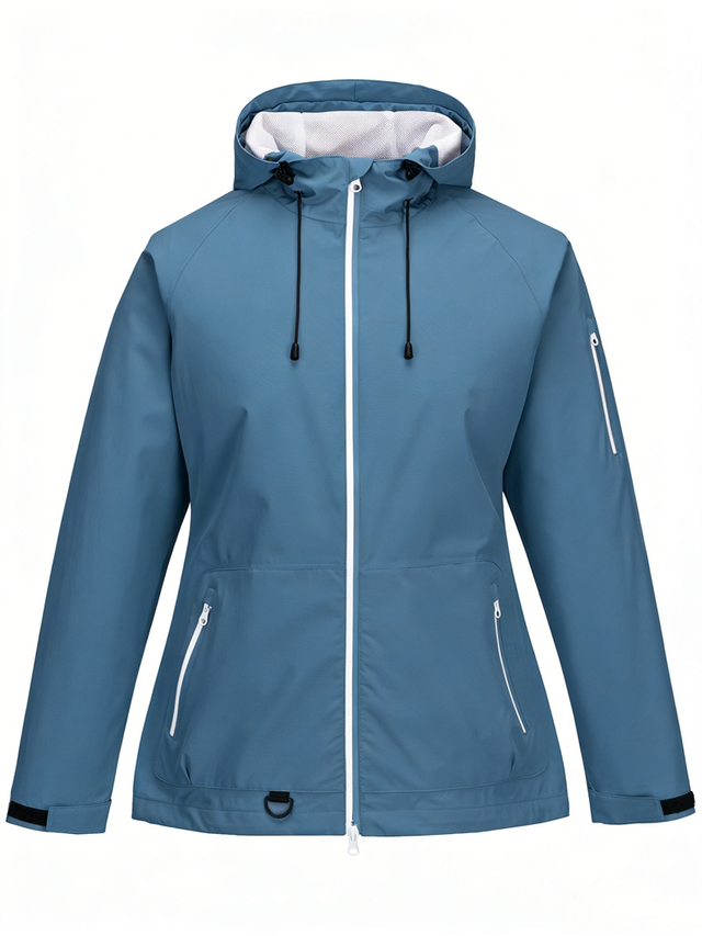 Women Lightweight Waterproof Jacket with Connected Hood Seam Taped Bicolor Zippers Windbreaker