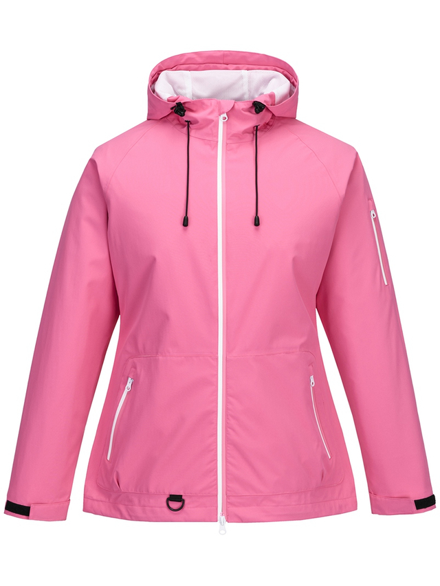 Women Lightweight Waterproof Jacket with Connected Hood Seam Taped Bicolor Zippers Rain Jacket