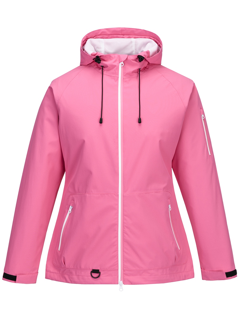 Women Lightweight Waterproof Jacket with Connected Hood Seam Taped Bicolor Zippers Rain Jacket
