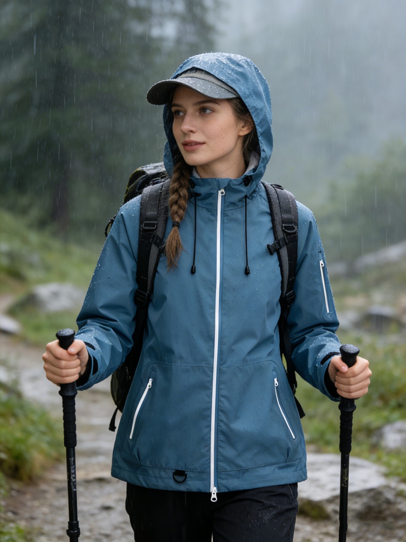 Women Lightweight Waterproof Jacket with Connected Hood Seam Taped Bicolor Zippers Windbreaker