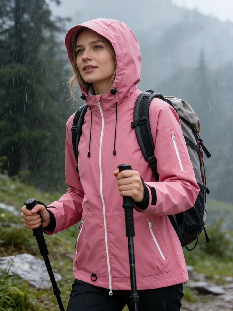 Women Lightweight Waterproof Jacket with Connected Hood Seam Taped Bicolor Zippers Rain Jacket