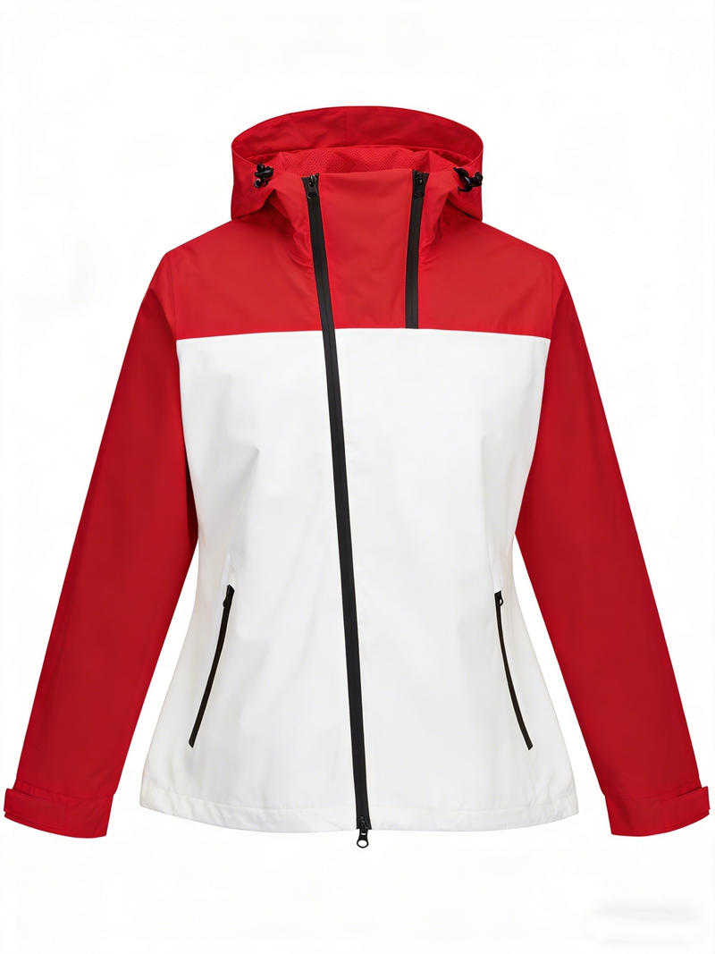 Women Lightweight Waterproof Jacket with Connected Hood Seam Taped Iregular Front Zippers Windbreaker